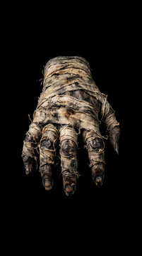Mummified Hand Wrapped in Aged Bandages Against Black Background, Spooky Witch's Apothecary Prop, Halloween aesthetic  