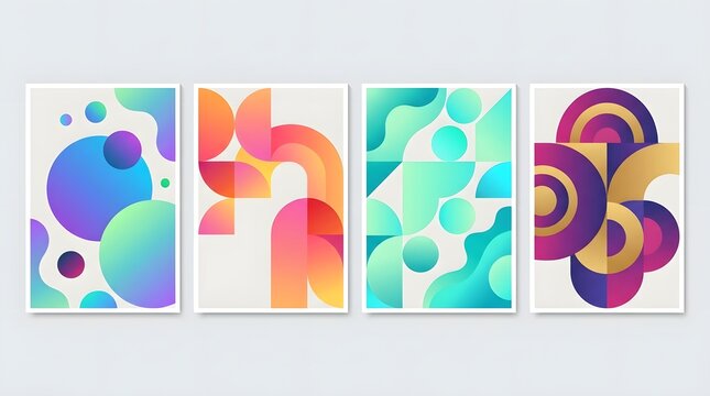 A set of four modern abstract posters with vibrant circular and curved forms  using gradient color schemes against neutral tones  suitable for contemporary interior decor