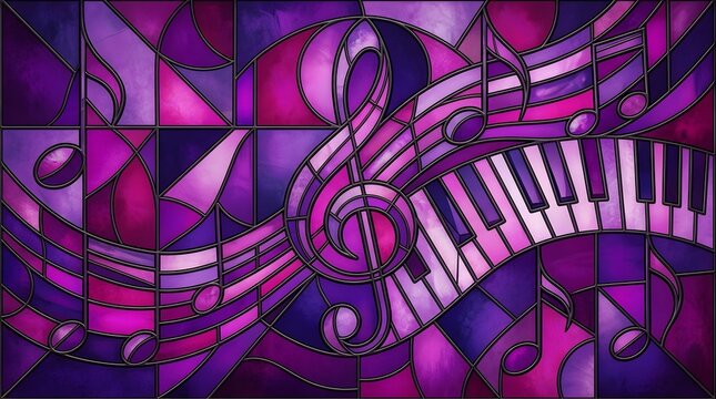 An abstract stained glass design composed of flowing musical elements including a prominent treble clef  scattered notes  and curved piano key patterns rendered in rich purples and pinks