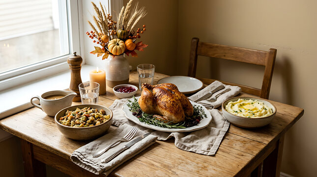 Thanksgiving roasted turkey dinner with mashed potatoes and stuffing