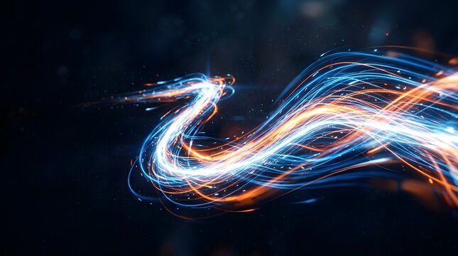 A vibrant  flowing pattern of luminous blue and warm orange streaks moves gracefully through space like darkness  surrounded by scattered glowing specks that enhance the sense of motion and energy