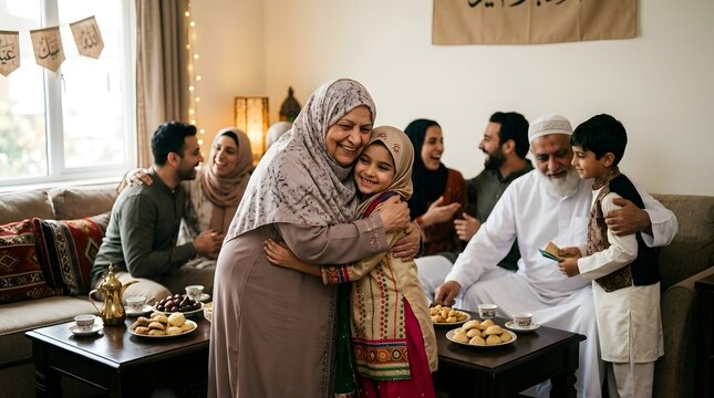 An elderly woman warmly embraces a young girl while seated on a sofa surrounded by other family members who are smiling and interacting over tea and snacks
