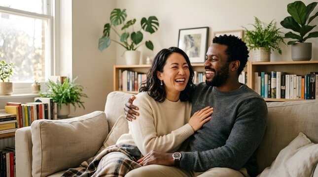 Two people are seated closely on a light colored sofa in a warmly lit room decorated with indoor greenery and shelves of books  sharing an affectionate moment