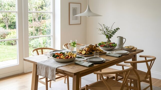 A warmly lit dining room features a long wooden table arranged with plates  bowls of food including roasted chicken and fresh salad  chairs  and a vase of greenery by the window