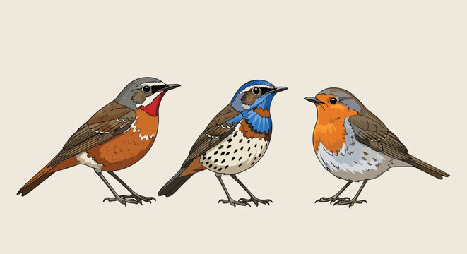 Beautiful colorful songbirds including a robin, bluebird, and thrush, wild bird vector illustration set.