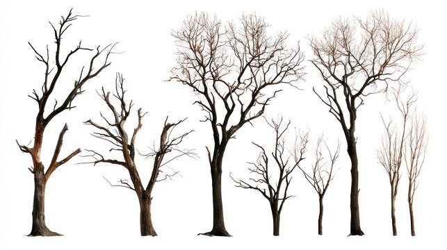 Collection of Dead and Bare Leafless Trees Isolated on White Background