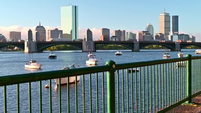 View of Boston in Massachusetts, USA showcasing the Longfellow bridge over the Charles River on a sunny morning.