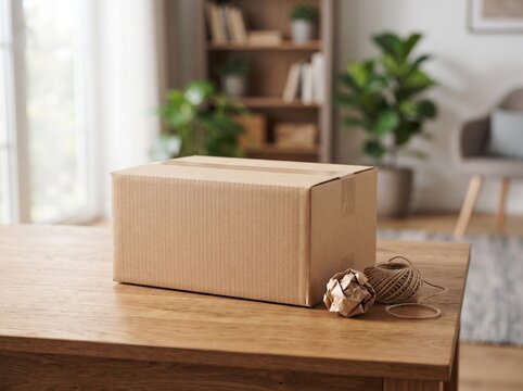 Cardboard package on wooden table with twine for delivery and