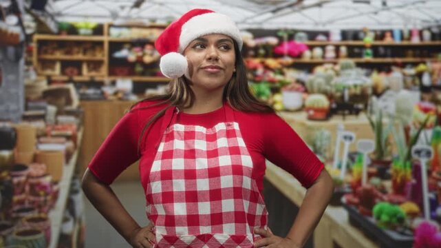 Woman in santa hat and red checkered apron stands with hands on hips among plant pots and ceramics in holiday market; festive cheer.