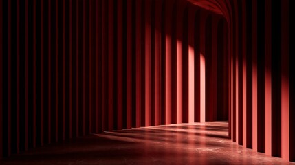 Fototapeta premium Modern red architectural interior with vertical columns and dramatic play of light and shadows