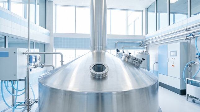 Stainless steel brewery tank container equipped with porthole window inside clean modern beverage manufacturing plant processing facility industrial equipment machinery room