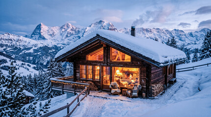 Obraz premium Cozy wooden chalet cabin illuminated with warm glowing lights covered in snow nestled among mountain peaks outdoors during winter evening twilight