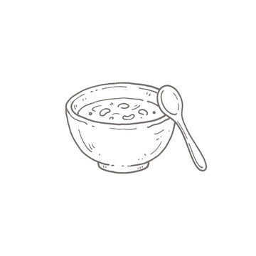 Ceramic bowl with spoon illustration hand drawn sketch for kitchenware or cooking concept isolated on transparent background for food and lifestyle projects.