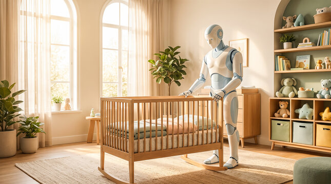 humanoid robot standing beside wooden rocking baby crib inside sunlit nursery room decorated with shelves plush toys and large windows