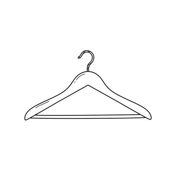 Wooden clothes hanger outline sketch icon on transparent background showing basic apparel storage accessory for retail fashion shop and home wardrobe organization.