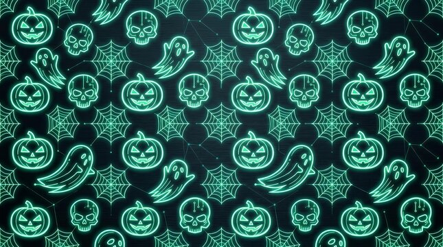 Seamless neon green pattern of skulls ghosts and pumpkins on a dark webbed background.