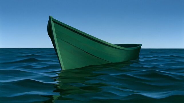 Minimalist Green Wooden Boat Floating on Calm Deep Blue Sea under Clear Sky