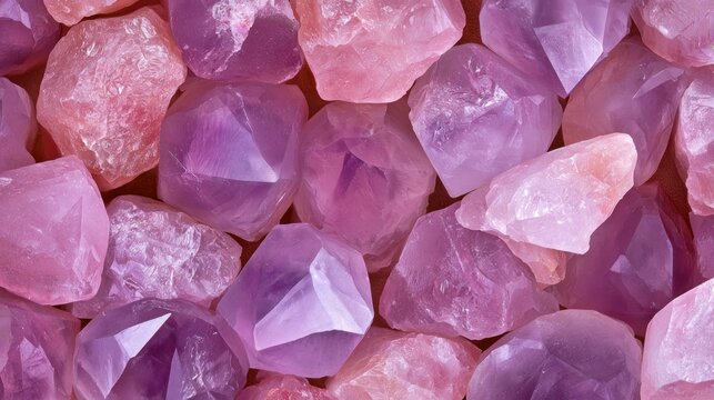 Close-up Background of Raw Pink and Purple Gemstones, Rose Quartz and Amethyst Crystals