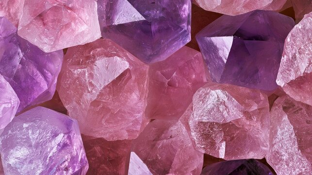 Close-up Background of Pink Rose Quartz and Purple Amethyst Crystals