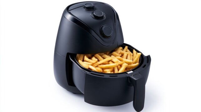 Black air fryer filled with delicious golden french fries isolated on white background