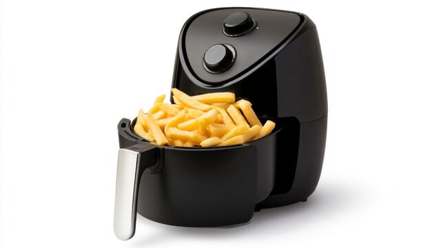 Modern black air fryer filled with crispy golden french fries isolated on white background