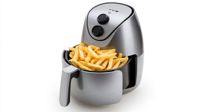 Modern Silver Air Fryer with Crispy Golden French Fries Isolated on White Background