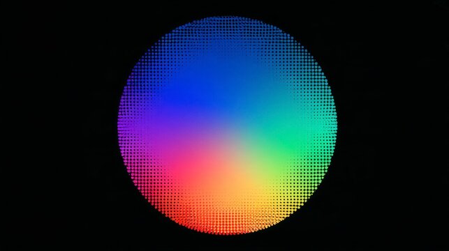 Vibrant abstract colorful halftone circle with rainbow gradient on black background