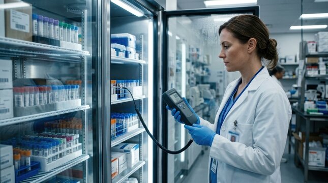 Lab technician checking refrigerator temperature for specimens