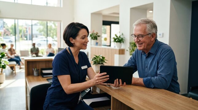 Nurse helping senior patient use tablet at clinic reception