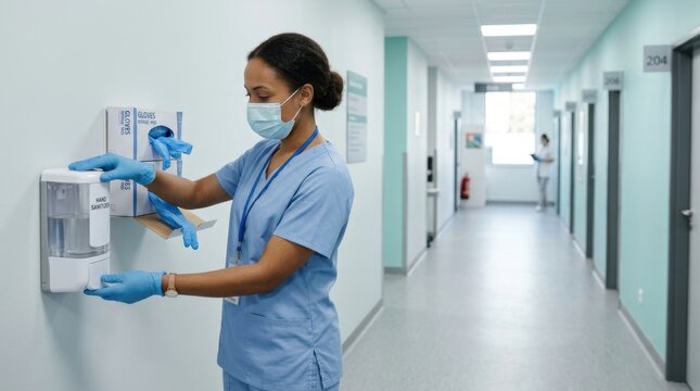 Nurse restocking gloves and sanitizer in clinic corridor
