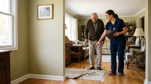 Home care nurse assessing fall hazard for senior man