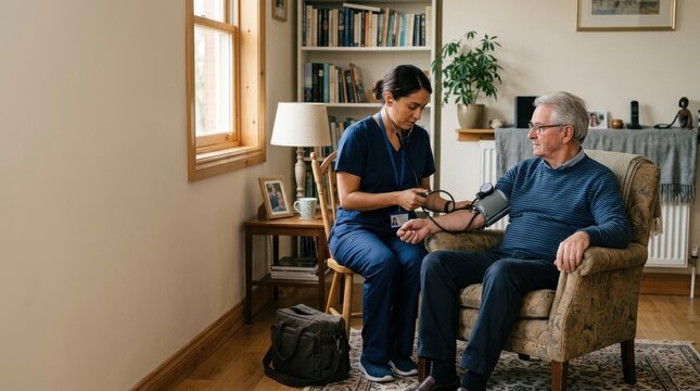 Home health nurse measuring blood pressure of senior man