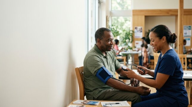 Nurse checking blood pressure at community health screening