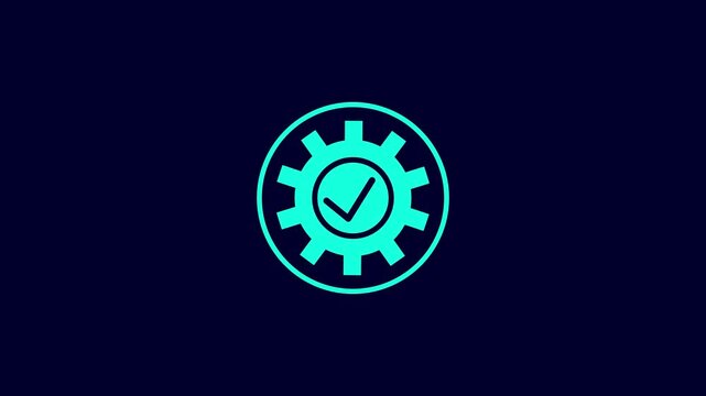 Animated cyan gear icon with success check mark on dark blue background, animation