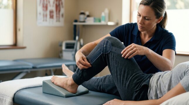 Physical therapist measuring knee range of motion with goniometer