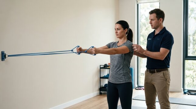 Physical therapist supervising resistance band shoulder exercise
