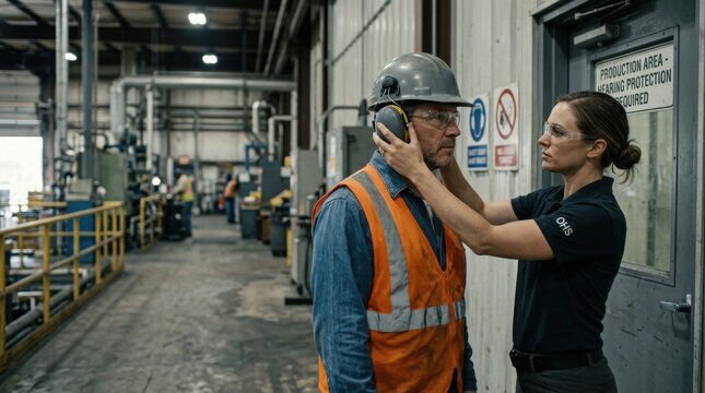 Occupational safety specialist fitting hearing protection on worker