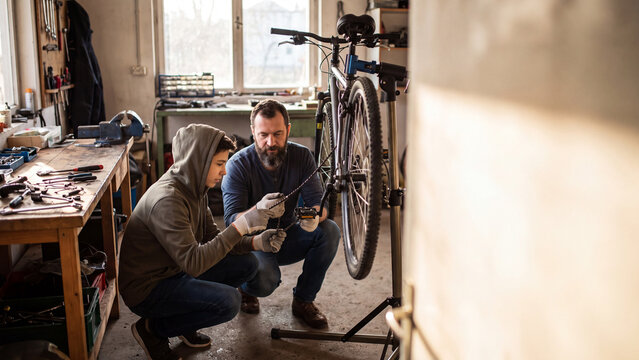 Father and teenage son repairing bicycle chain in garage workshop with blurred background banner.