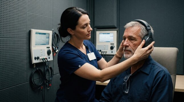 Audiologist fitting headphones for adult hearing test