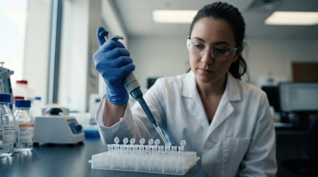 Laboratory technician pipetting samples into microtubes