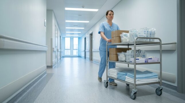 Nurse pushing medical supply cart through hospital corridor