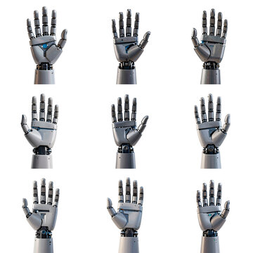 Futuristic robot hand gestures collection showcases advanced technology on a clean black backdrop