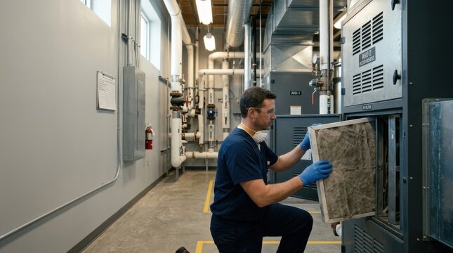 Facility technician replacing air filter in clinic mechanical room