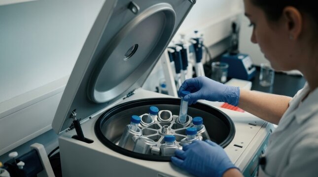 Laboratory technician loading specimen tubes into centrifuge