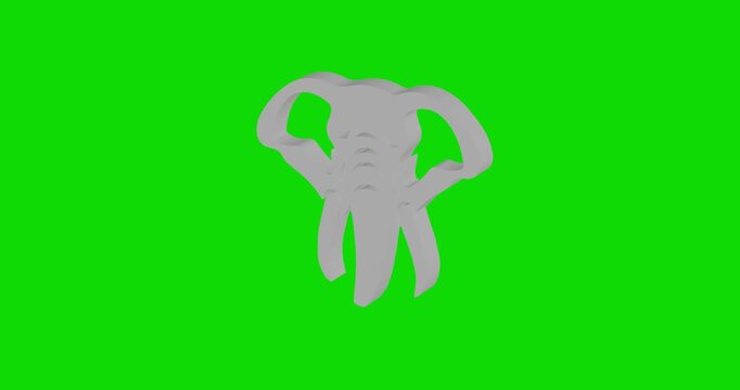 White elephant head spinning around its vertical axis on a green screen background. Seamless looped 4k 3d animation, chroma key