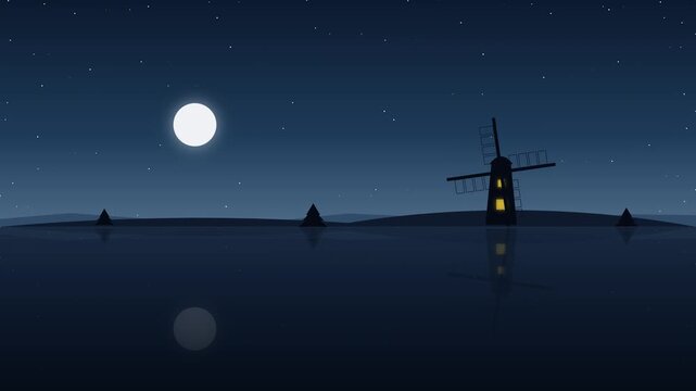 Night Landscape with Windmill and Full Moon Reflection