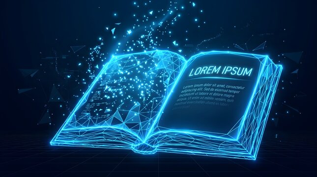 Open book glowing with digital particles representing knowledge and information