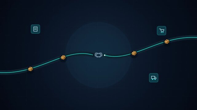 Supply chain logistics concept animation with glowing package boxes moving along a digital delivery pathway delivery route shipping tracking commerce icons transport