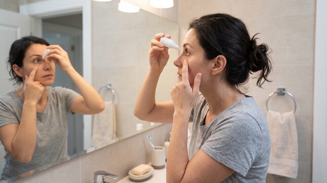 Adult uses eye drops before bathroom mirror