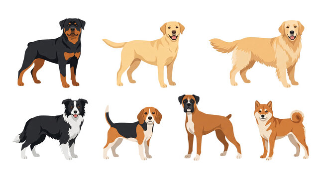 Collection of Diverse Dog Breeds Standing Together.